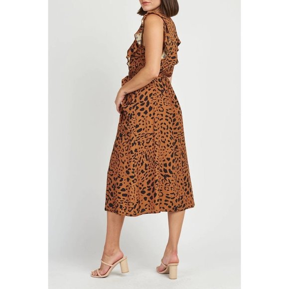 NWT DR2 Women Midi Dress Celia Animal Print Pocket V Neck Flutter Sleeve Brown L - Picture 3 of 15